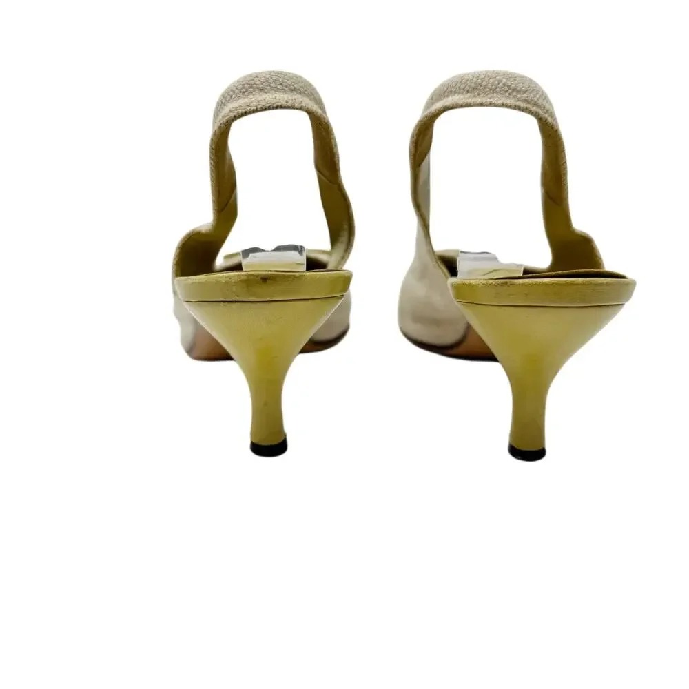 Prada Slingback Heels Canvas Bow Beige Chartreuse Green Pointed Toe 36.5 - Picture 2 of 6